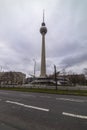 February 05, 2020: View of the Television Tower Fernsehturm in Berlin from Alexander Platz. The famous TV towe